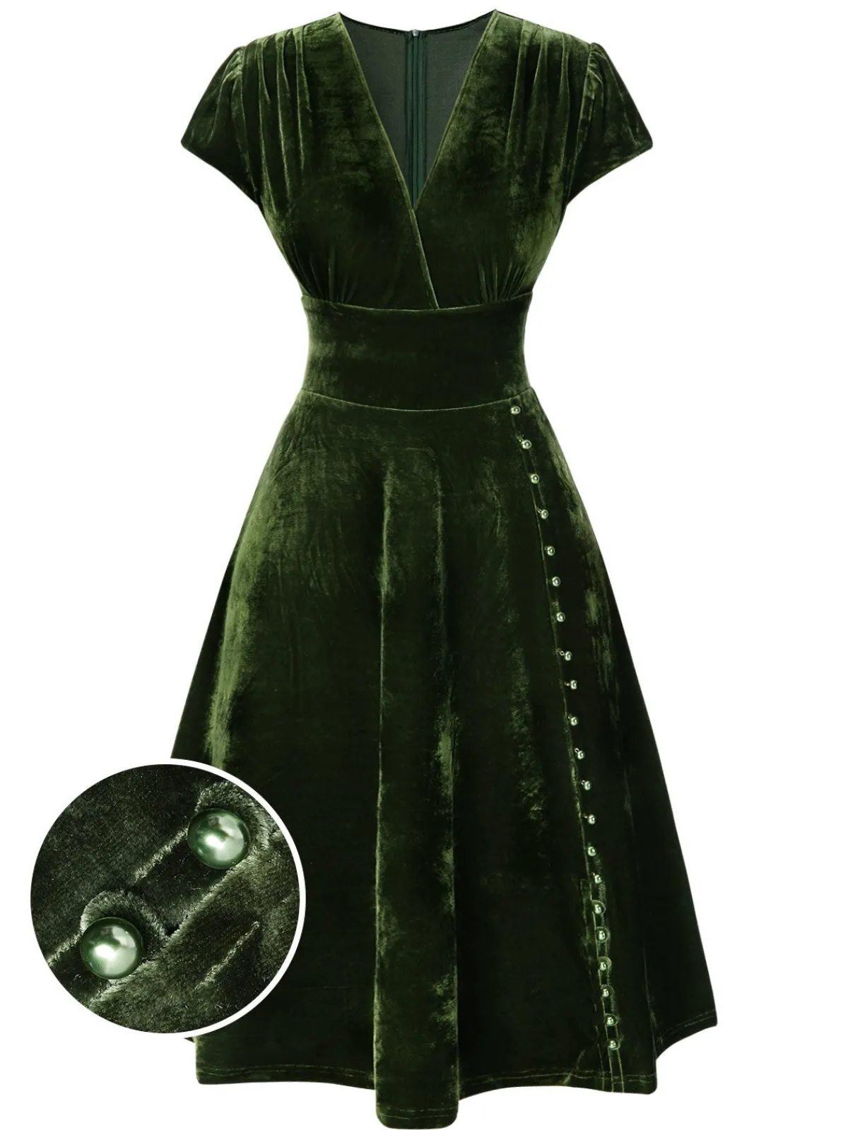 Hot Retro Stage Green 1940s Deep V-Neck Pearl Velvet Dress