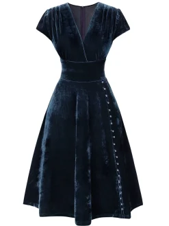 Hot Retro Stage Green 1940s Deep V-Neck Pearl Velvet Dress