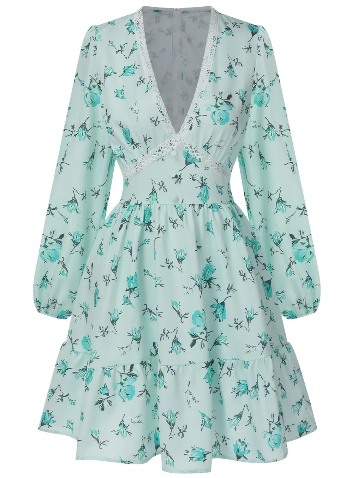 Outlet Retro Stage Green 1950s Deep V-Neck Puff Floral Dress Ceramic Green