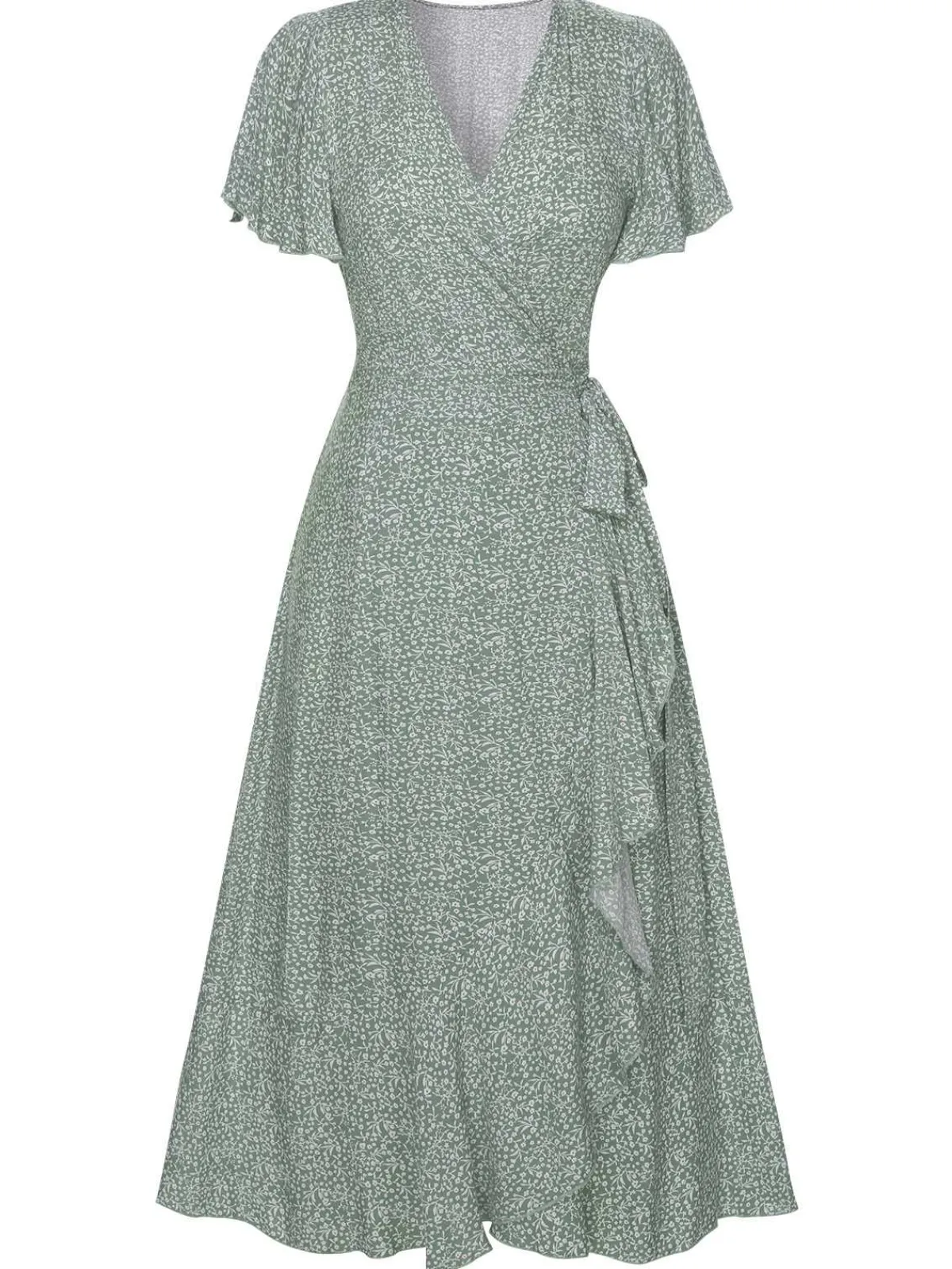 New Retro Stage 1940s Ditsy Floral Flounce Sleeve Dress Green