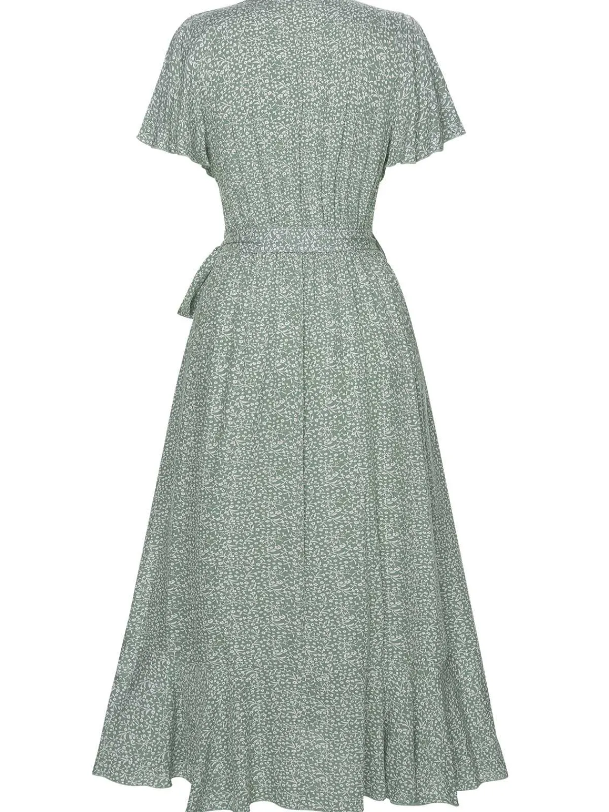 New Retro Stage 1940s Ditsy Floral Flounce Sleeve Dress Green