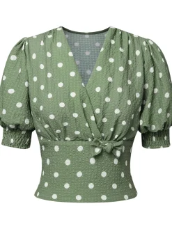 Online Retro Stage Green 1940s Dots Bowknot V-Neck Blouse