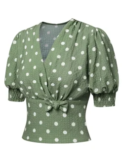 Online Retro Stage Green 1940s Dots Bowknot V-Neck Blouse