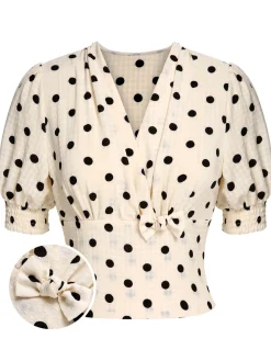 Online Retro Stage Green 1940s Dots Bowknot V-Neck Blouse