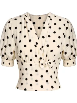 Online Retro Stage Green 1940s Dots Bowknot V-Neck Blouse