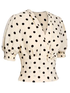 Online Retro Stage Green 1940s Dots Bowknot V-Neck Blouse