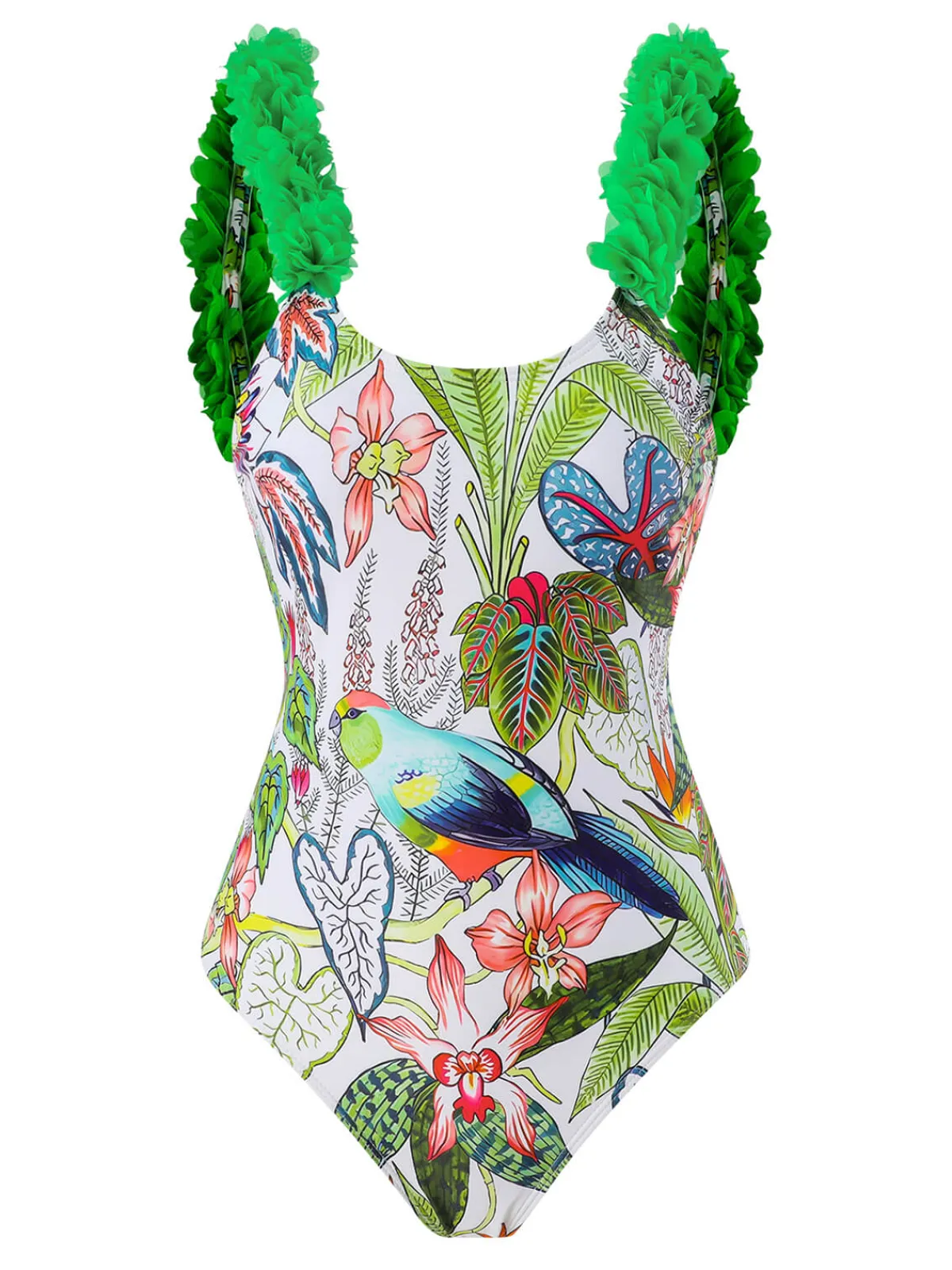 New Retro Stage 1960s Floral Bird Swimsuit & Cover-Up Green