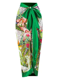 New Retro Stage 1960s Floral Bird Swimsuit & Cover-Up Green