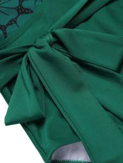 Outlet Retro Stage Green 1940s Floral Deep V-Neck Halter Swimsuit Dark Green
