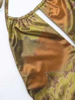 Clearance Retro Stage 1960s Floral Halter Hollow Backless Dress Green