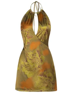 Clearance Retro Stage 1960s Floral Halter Hollow Backless Dress Green