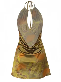 Clearance Retro Stage 1960s Floral Halter Hollow Backless Dress Green