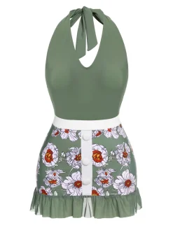 Fashion Retro Stage 1940s Floral Halter One-Piece Swimsuit Green
