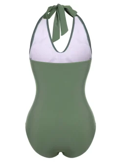 Fashion Retro Stage 1940s Floral Halter One-Piece Swimsuit Green