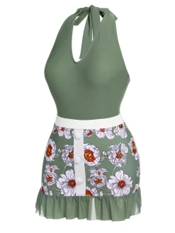 Fashion Retro Stage 1940s Floral Halter One-Piece Swimsuit Green