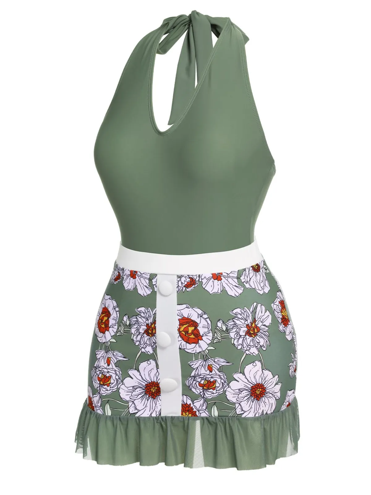 Fashion Retro Stage 1940s Floral Halter One-Piece Swimsuit Green