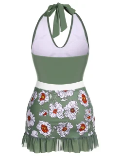Fashion Retro Stage 1940s Floral Halter One-Piece Swimsuit Green