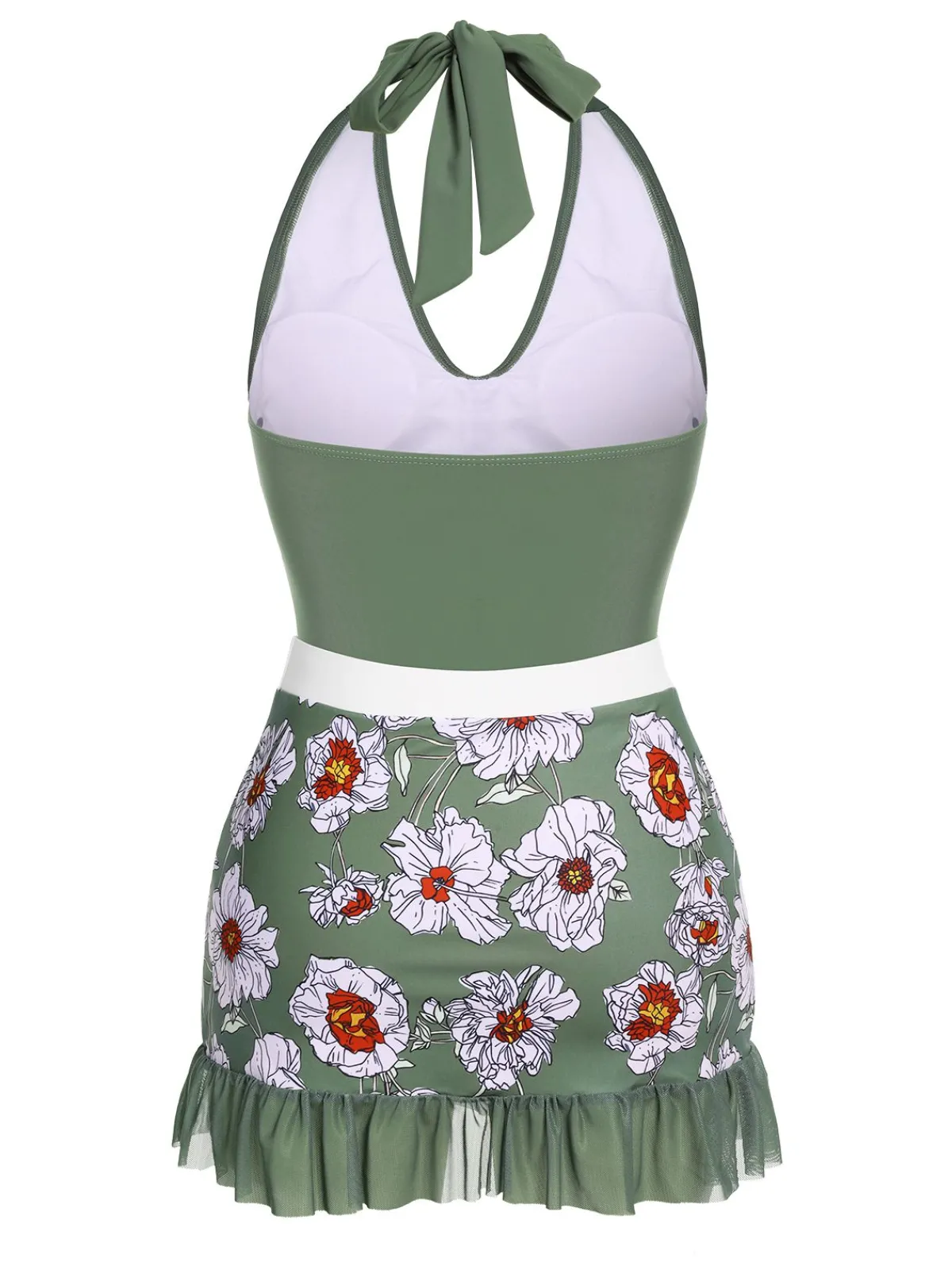 Fashion Retro Stage 1940s Floral Halter One-Piece Swimsuit Green
