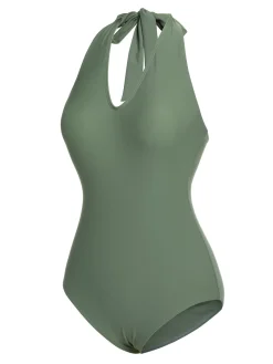 Fashion Retro Stage 1940s Floral Halter One-Piece Swimsuit Green
