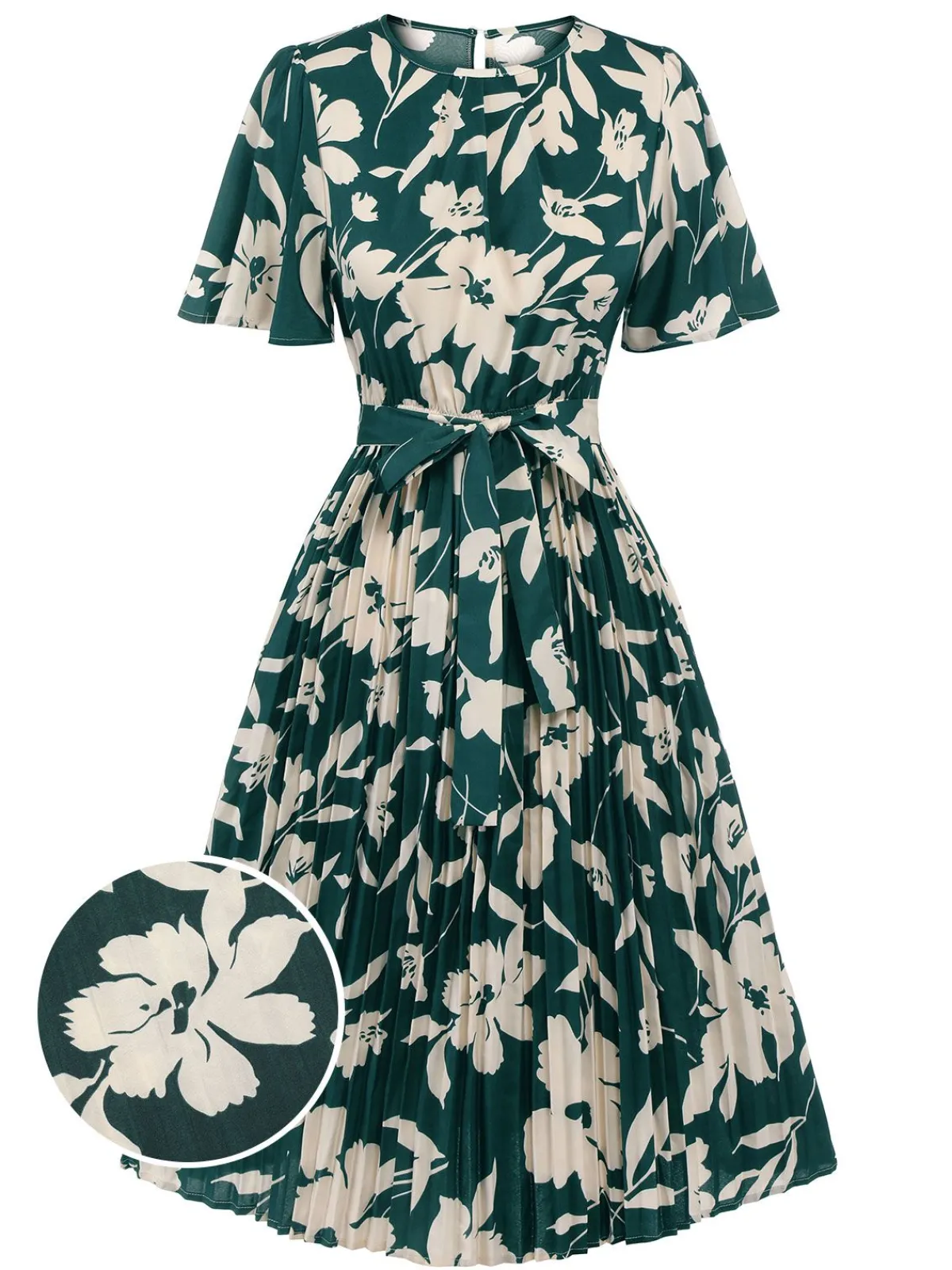 Hot Retro Stage 1940s Floral Pleated Belt Dress Green