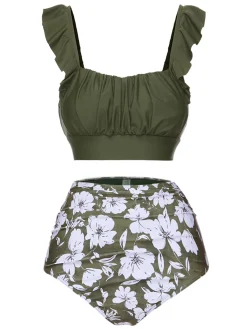 Discount Retro Stage Green 1950s Floral Ruffles Pleated Swimsuit Army Green