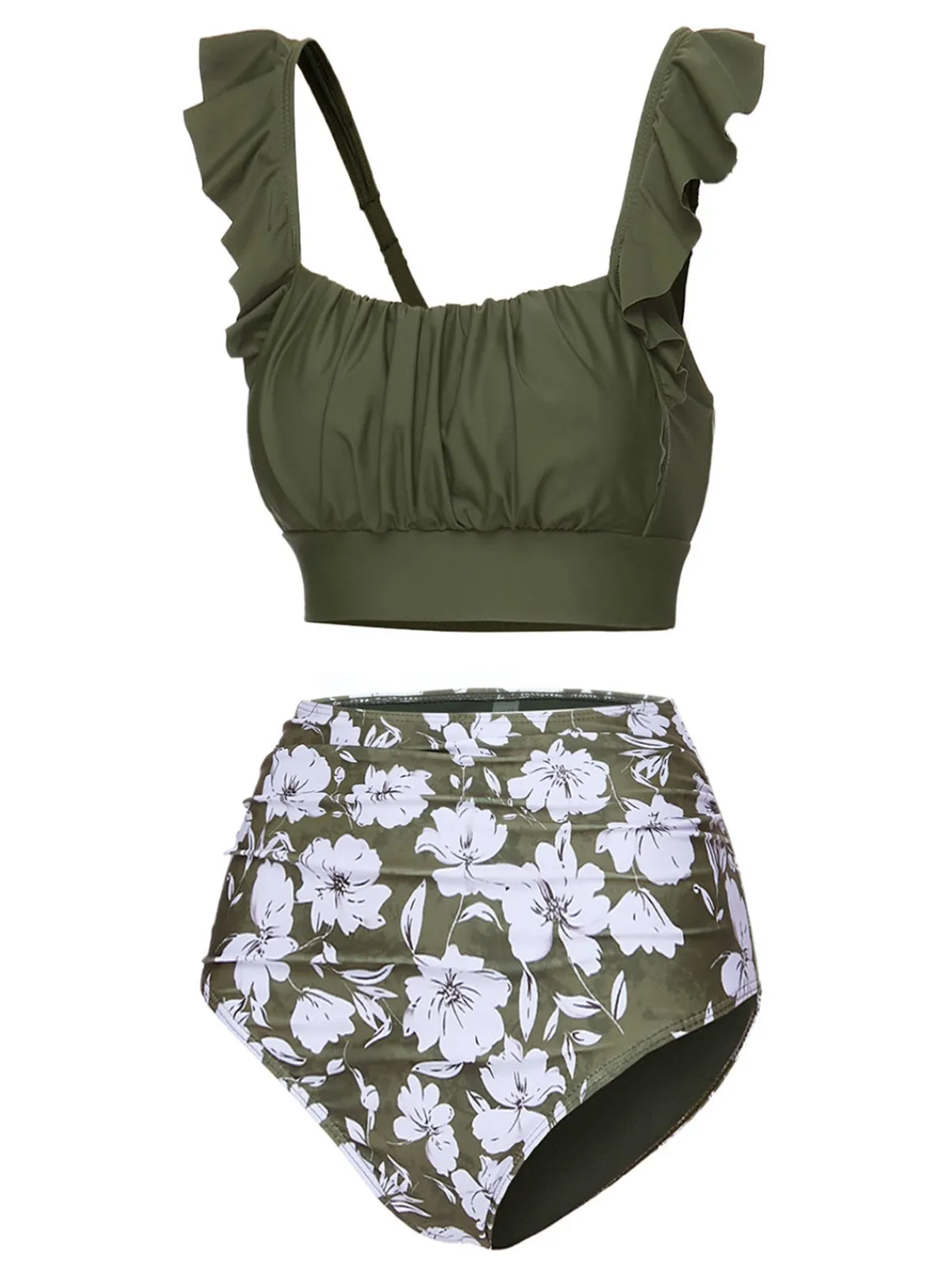 Discount Retro Stage Green 1950s Floral Ruffles Pleated Swimsuit Army Green