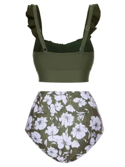 Discount Retro Stage Green 1950s Floral Ruffles Pleated Swimsuit Army Green