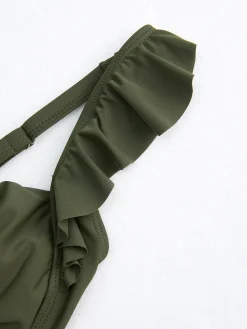 Discount Retro Stage Green 1950s Floral Ruffles Pleated Swimsuit Army Green