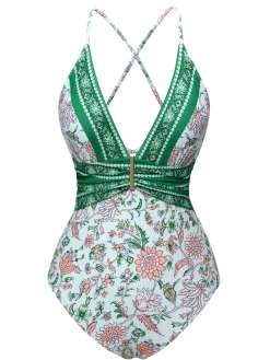 Best Retro Stage 1950s Floral Spaghetti Strap Swimsuit Green