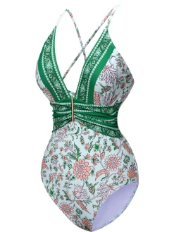 Best Retro Stage 1950s Floral Spaghetti Strap Swimsuit Green