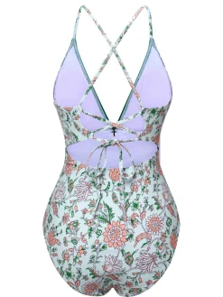 Best Retro Stage 1950s Floral Spaghetti Strap Swimsuit Green