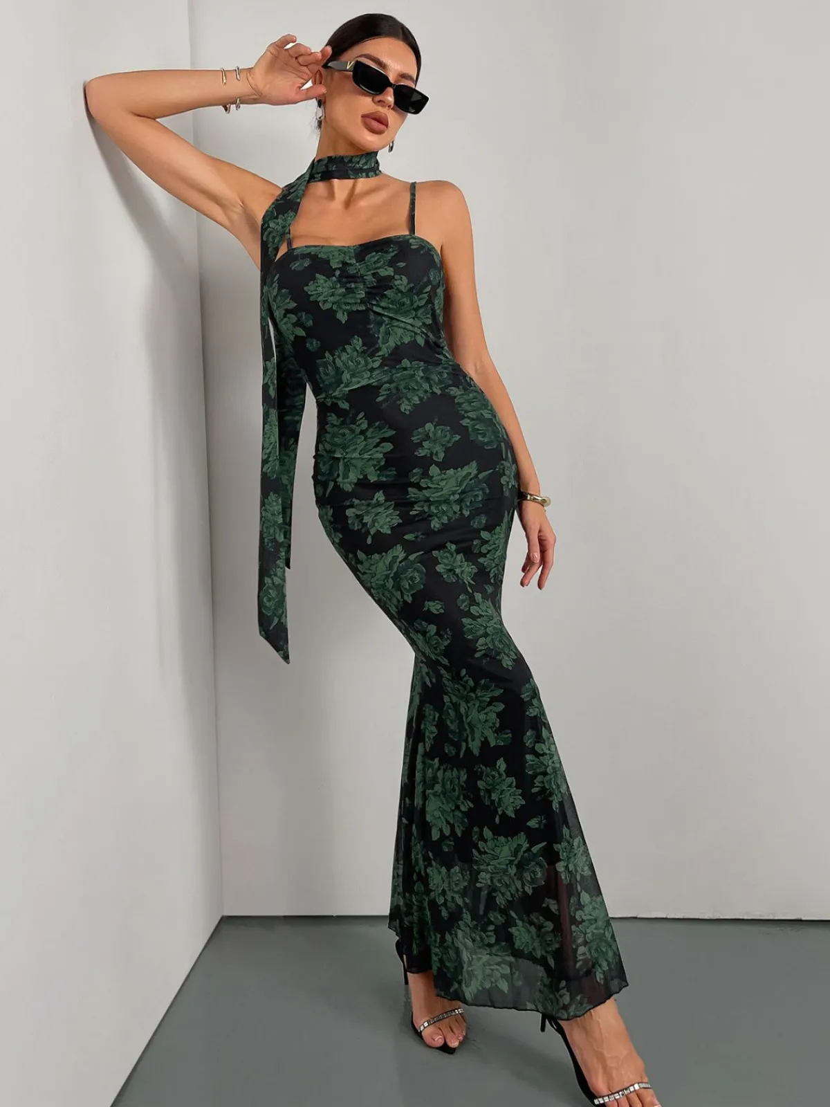 Hot Retro Stage 1930s Floral Suspender Fishtail Dress Green