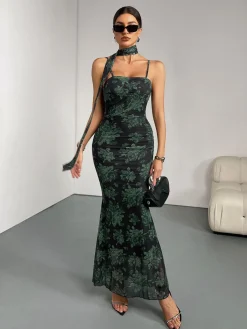 Hot Retro Stage 1930s Floral Suspender Fishtail Dress Green