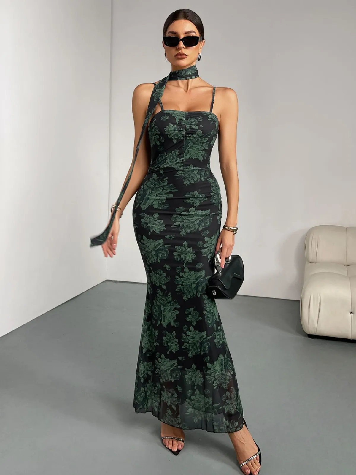 Hot Retro Stage 1930s Floral Suspender Fishtail Dress Green
