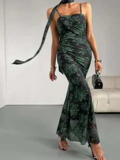 Hot Retro Stage 1930s Floral Suspender Fishtail Dress Green