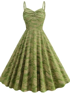 Outlet Retro Stage 1950s Floral Suspender Swing Dress Green