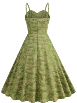 Outlet Retro Stage 1950s Floral Suspender Swing Dress Green