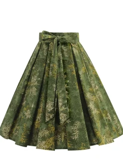 Sale Retro Stage 1950s Floral Swing Belted Skirt Green