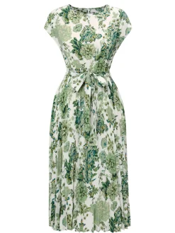 Best Retro Stage 1940s Floral Tie Belt Dress Green