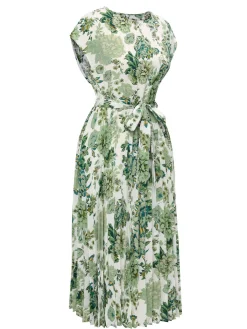 Best Retro Stage 1940s Floral Tie Belt Dress Green