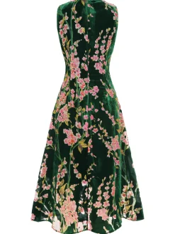 Hot Retro Stage 1930s Floral Velvet Sleeveless Dress Green