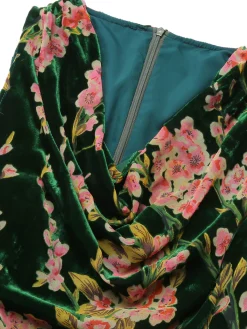 Hot Retro Stage 1930s Floral Velvet Sleeveless Dress Green
