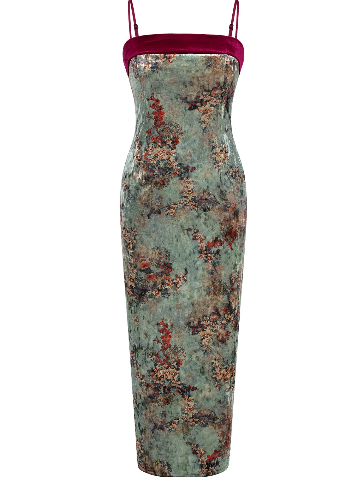 Best Retro Stage 1960s Floral Velvet Spaghetti Strap Dress Green