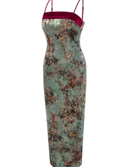 Best Retro Stage 1960s Floral Velvet Spaghetti Strap Dress Green