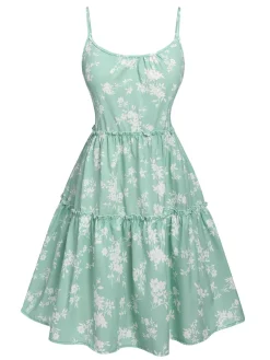 Best Retro Stage 1960s Floral Wrinkle Suspender Dress Green