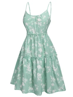 Best Retro Stage 1960s Floral Wrinkle Suspender Dress Green