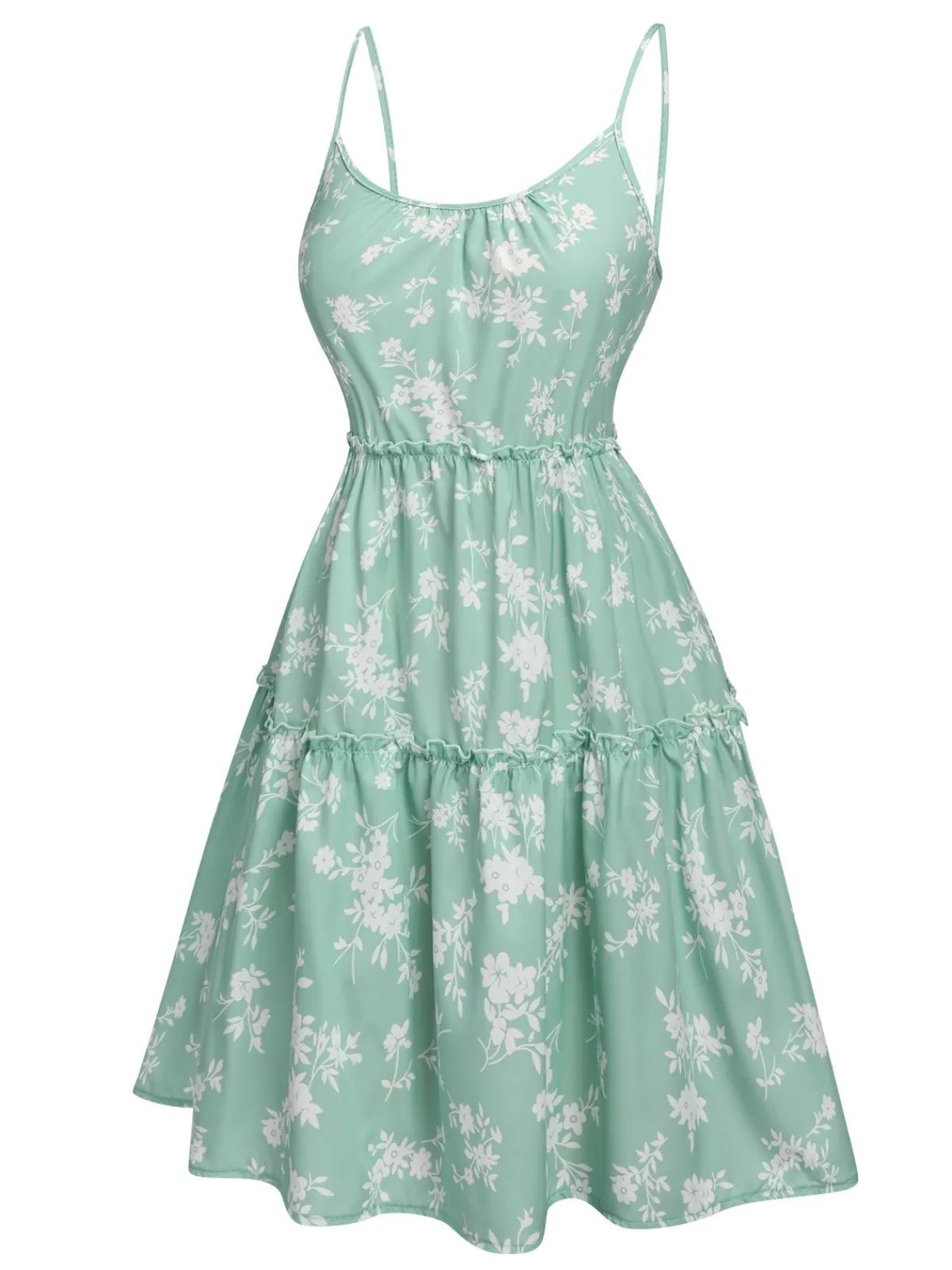 Best Retro Stage 1960s Floral Wrinkle Suspender Dress Green