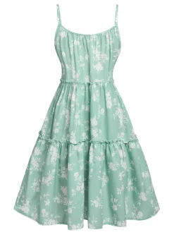 Best Retro Stage 1960s Floral Wrinkle Suspender Dress Green