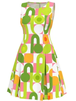 Discount Retro Stage Green 1960s Geometric Print Round Neck Shift Dress Gray Green