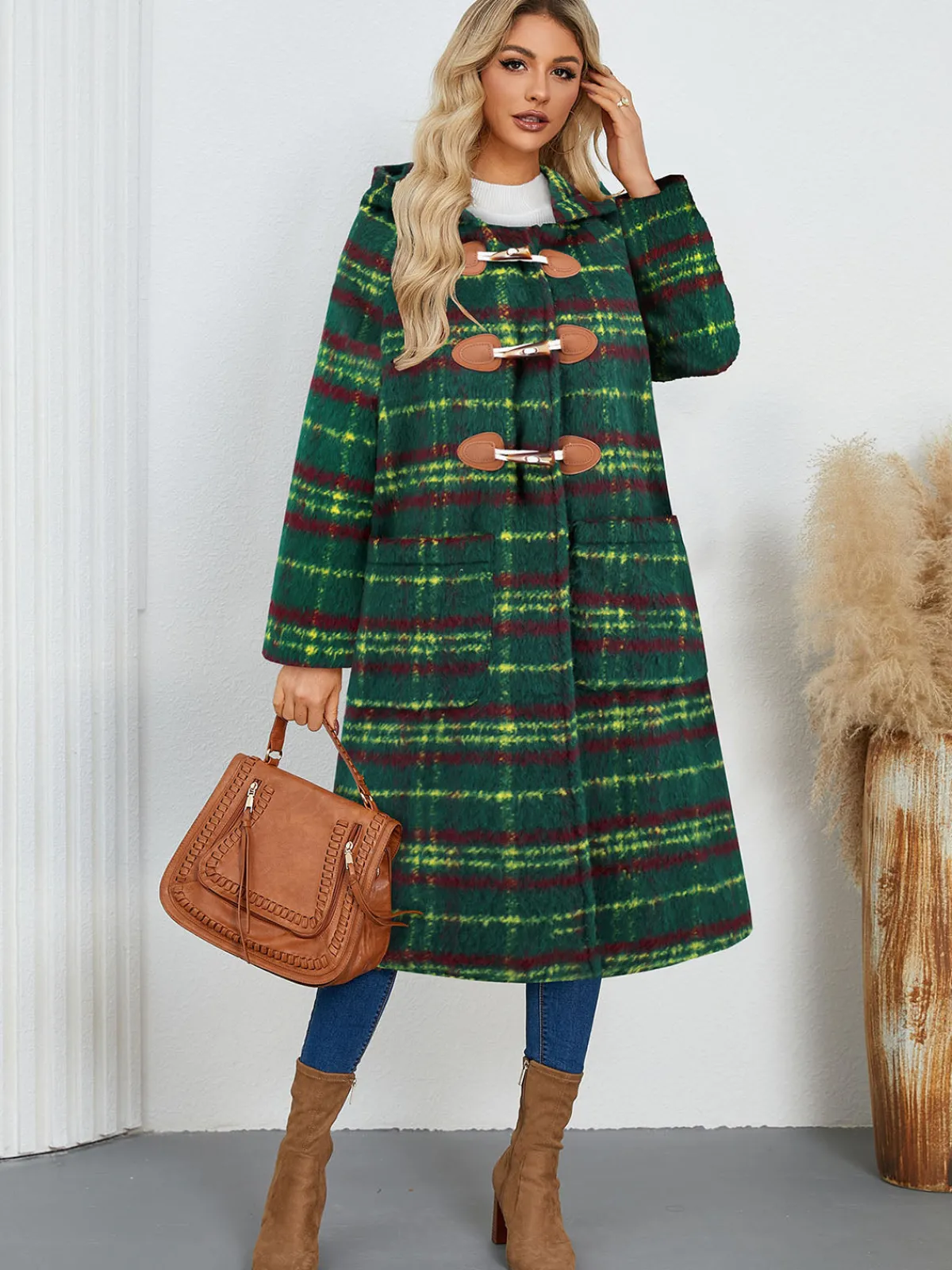 Online Retro Stage 1950s Gingham Plaid Hooded Coat Green